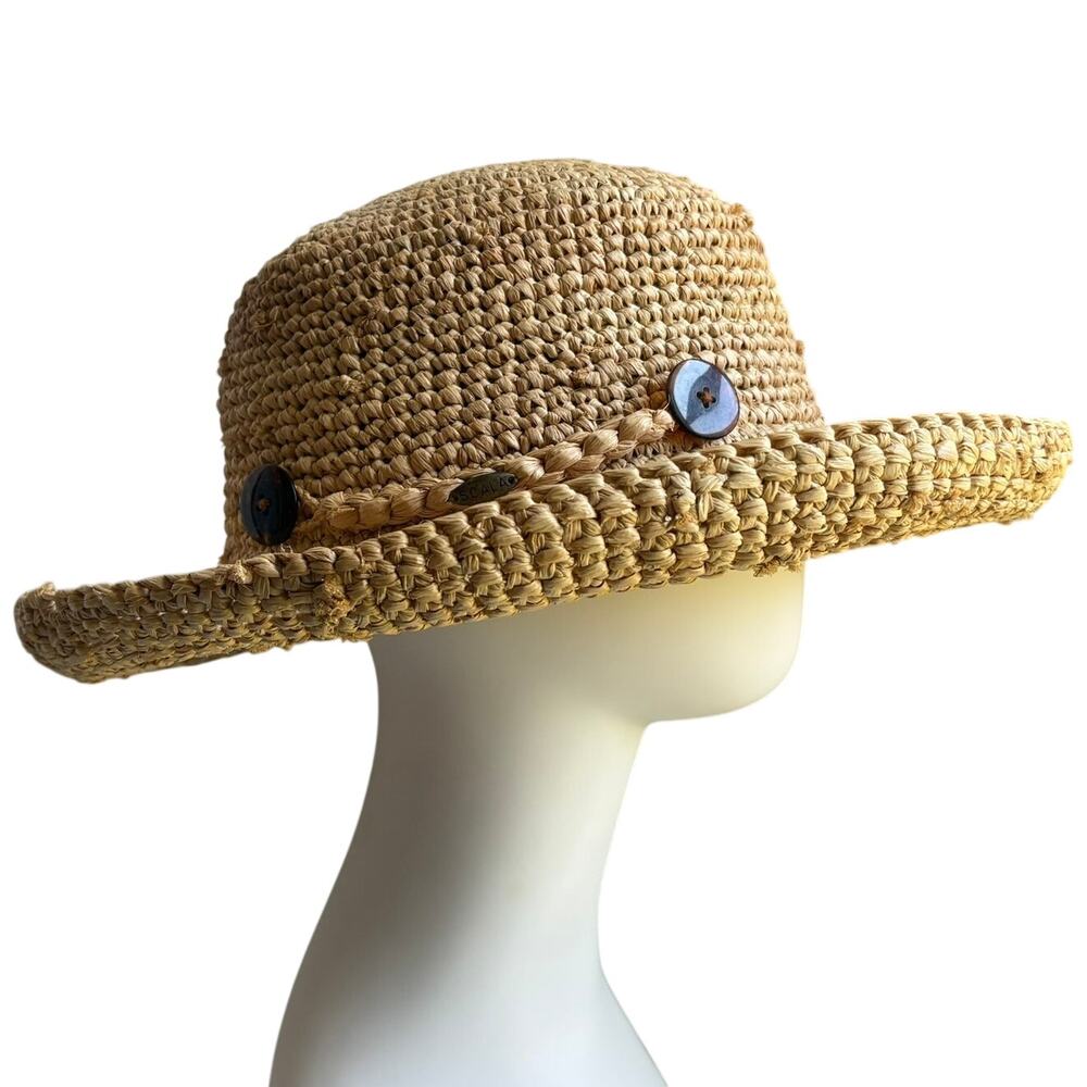 Scala Collection Woven Straw Hat Braided Band Button Detail One Size